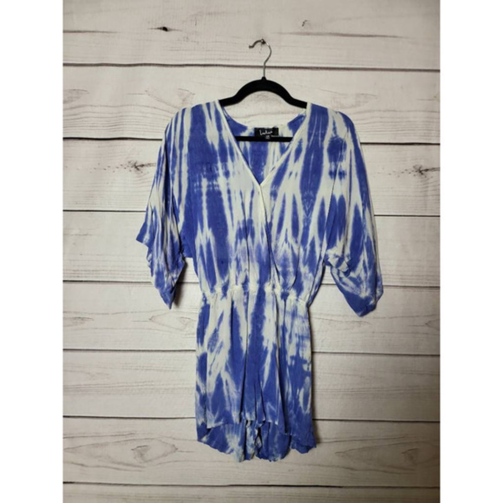 Lulus Womens Seaside Gale Blue‎ Romper Tie Dye Surplice Neck 3/4 Sleeve Boho XS